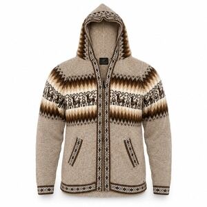 Alpaca Wool Sweater Full Zip Hooded Mens Large Llama Fair Isle Peru Boho Tan